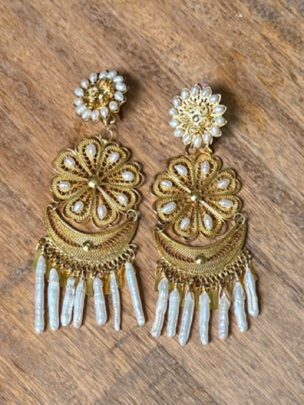 Mercedes Salazar Gold Pearl Filigree Dangle Earrings